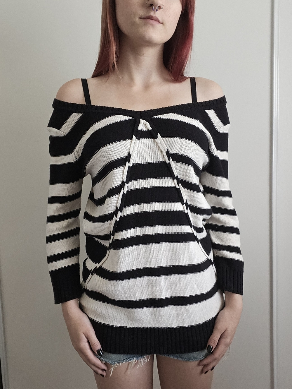 Unionbay y2k black & white Striped knit sweater off the shoulder, 3/4 sleeves